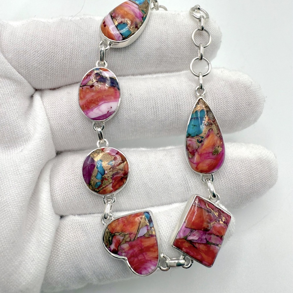 Pink Oyster Turquoise .925 Sterling Silver Bracelet - Picture 2 of 16
